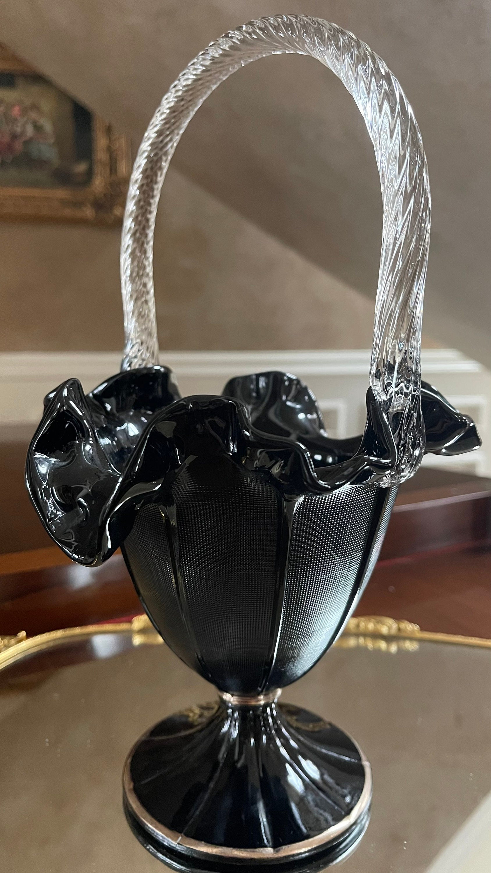 Fenton Glass Black 10.5” Hand Painted Basket; Fenton Hand