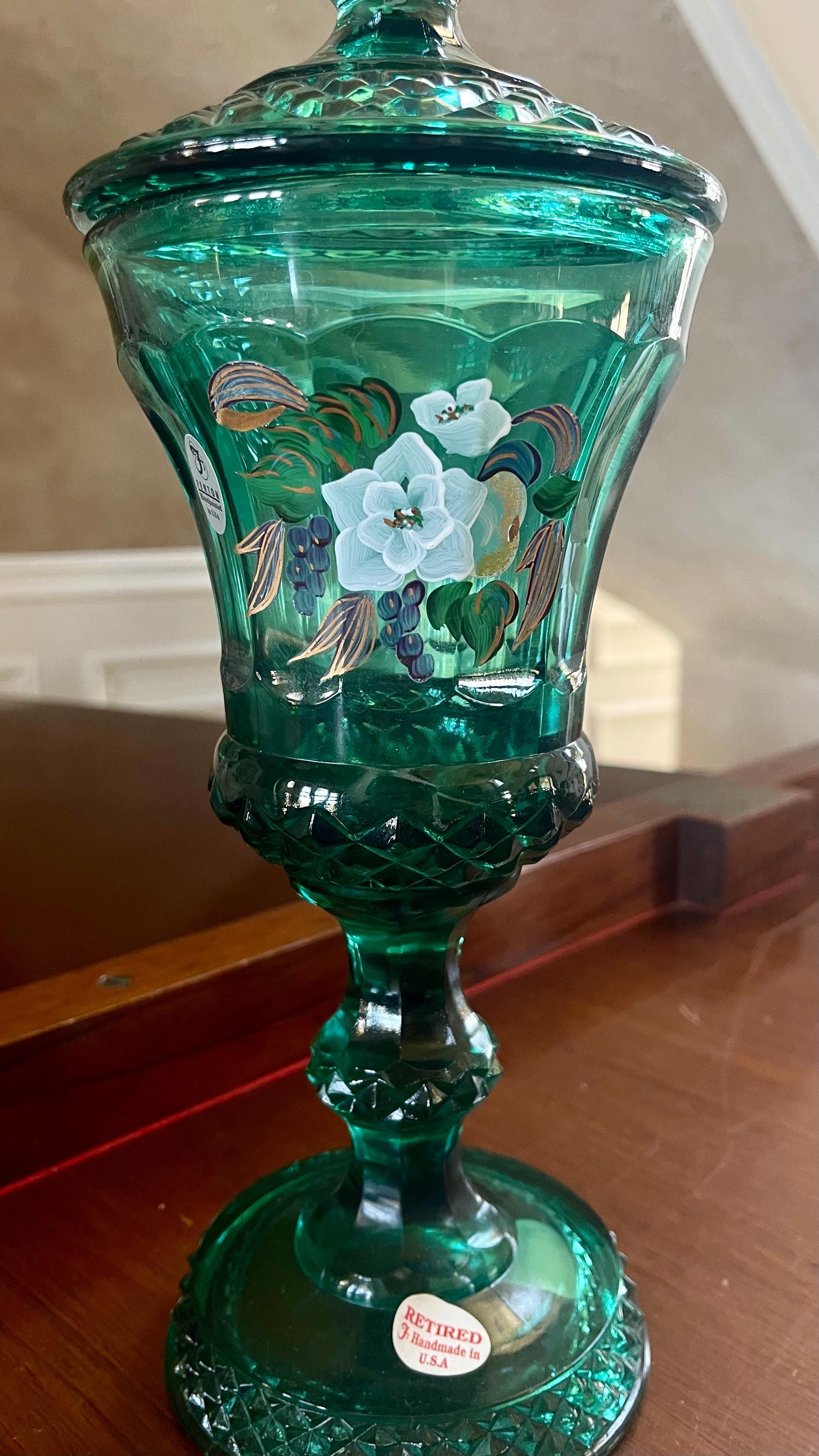 Fenton Spruce Green Hand Painted Candy Jar – 1997 Glassware - Etsy