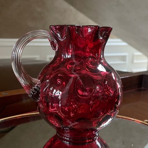 Antique Vintage Fenton Deep Cranberry Coin Dot Thumbprint 6.5” Glass Pitcher Ruffle Edge Reed Handke