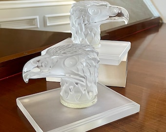Par Lalique France Crystal Eagle Bookends firmado Lalique France