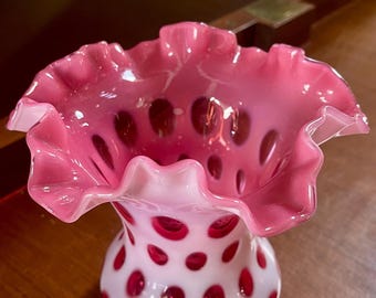 Fenton Glass Cranberry Opalescent Coin Dot Optic Ruffle Top Vase