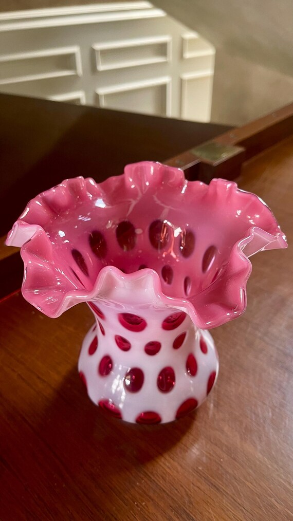 Fenton Glass Cranberry Opalescent Coin Dot Optic Ruffle Top Vase