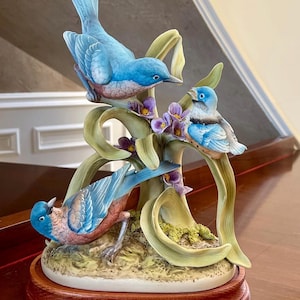 Andrea by Sadek 12” Blue Bird Family Figurine With Wooden Base