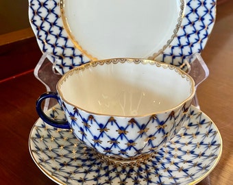 ロモノーソフ LOMONOSOV コバルトネット カップソーサー プレート ペア Russian Imperial Lomonosov Porcelain Cobalt Net Trio Cup and