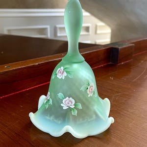 Fenton Hand Painted Double Signature 2003 Satin Glass Hand Bell; Fenton Glass Bell