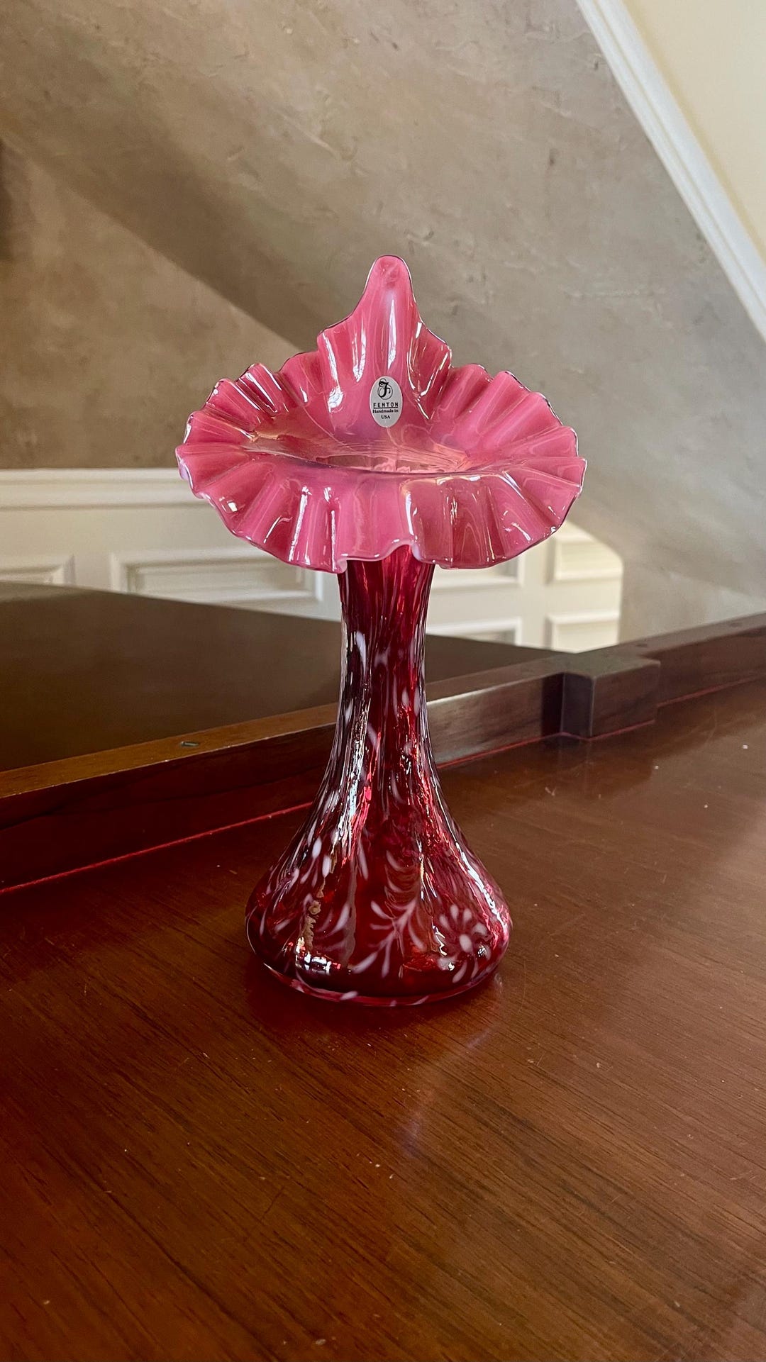 Fenton Daisy and Fern Cranberry Opalescent Jack in the Pulpit Vase