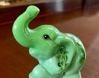 Fenton Glass Hand Painted Lucky Elephant; Fenton Glass Elephant Trunk Up