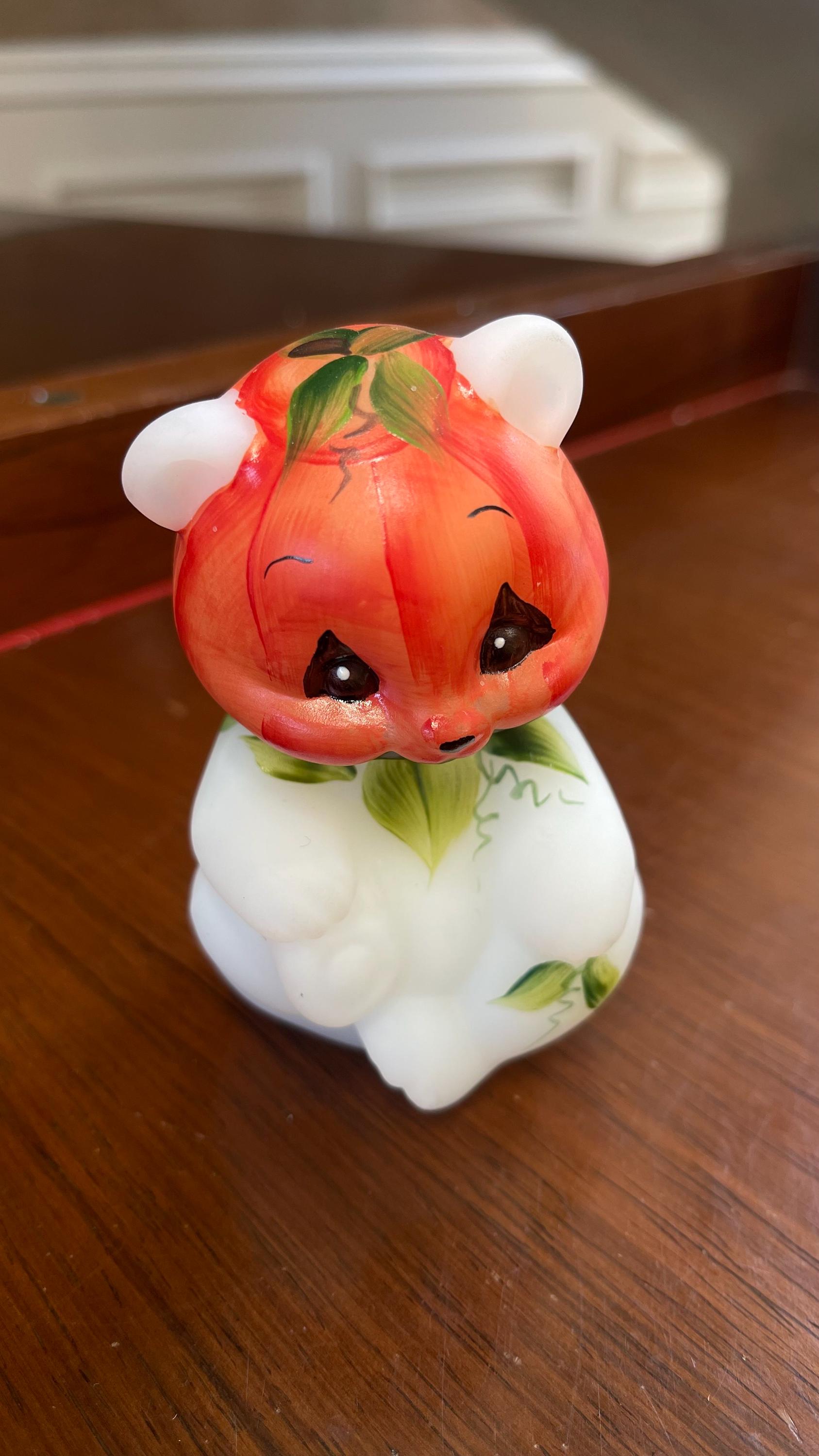 Fenton Satin Glass Hand Painted Pumpkin Halloween Bear