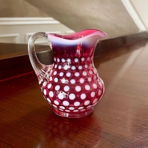 Vintage Fenton 4 1/4” Dot Optic Cranberry Opalescent Glass Pitcher; Fenton Hand Blown Glass Pitcher