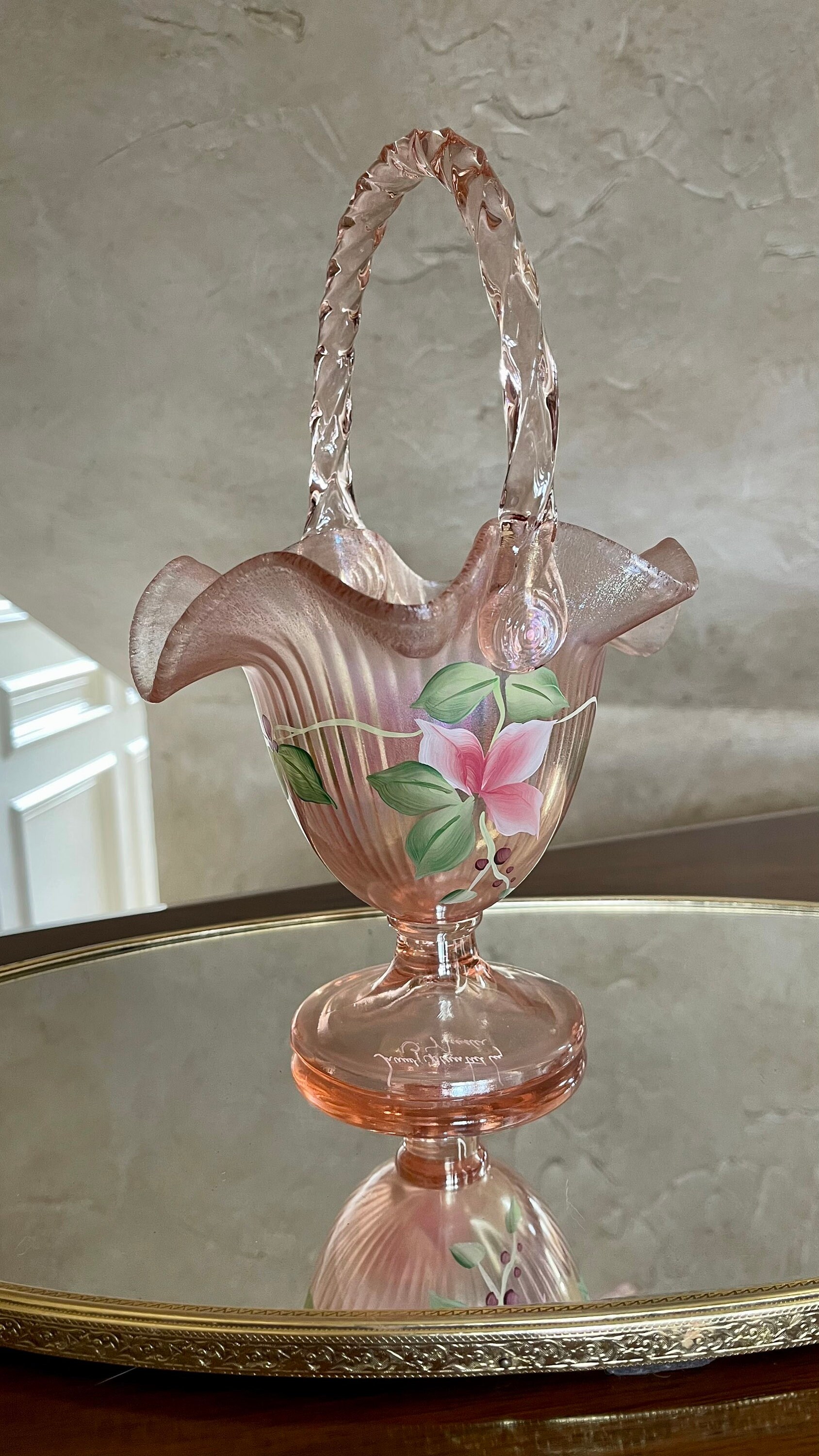 Lovely Fenton Pink Stretch Glass Hand Painted Basket; Fenton Glass