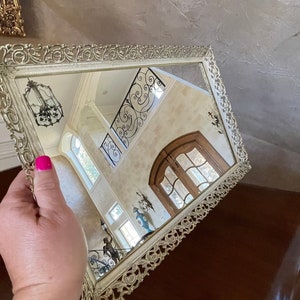 Large 15” Vintage Brass Filigree Vanity/Dresser Mirror Tray