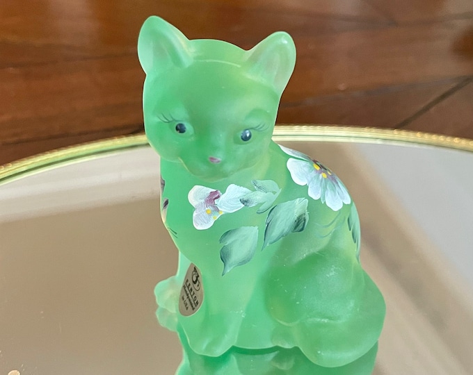 Fenton Satin Glass Hand Painted Cat Figurine Paperweight Vintage Fenton