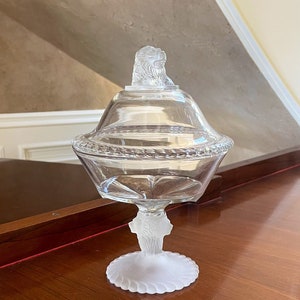 Antique Gillinder and Sons 13” Frosted Lion Candy Dish; Early American Pattern Glass Covered Lion Compote