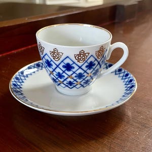Russian Imperial Lomonosov Porcelain Cobalt Cup and Saucer