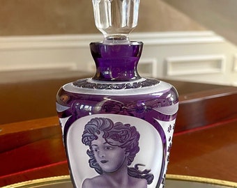 Frasco de perfume de cristal de amatista, fabricado en Checoslovaquia; frasco de perfume Art Déco