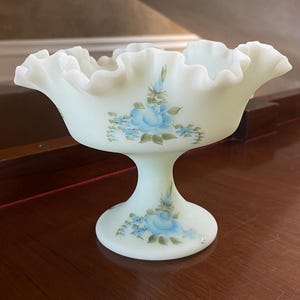 Vintage Fenton Pale Blue Satin Glass Hand Painted Blue Roses Compote