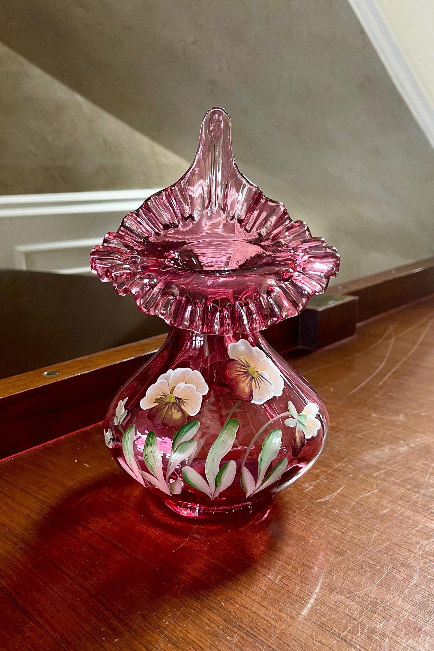 フェントン/Fenton クランベリーピンク 花瓶 Vase アートガラス 美品 フェントン Fenton クランベリー ビーデッドメロン フリル