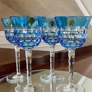 SET OF 4 Waterford Crystal Simply Blue 8 3/8” Water Goblet Glasses New In Box; Waterford Cut to Clear Wine Glasses