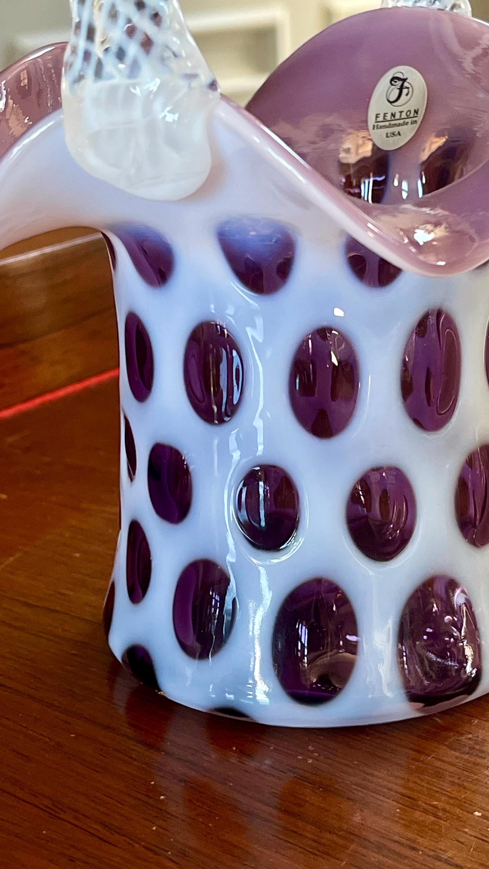 レア！オールドフェントン コインドット fentonバスケット アンティーク Fenton Glass Violet Purple Coin Dot Optic Opalescent Basket