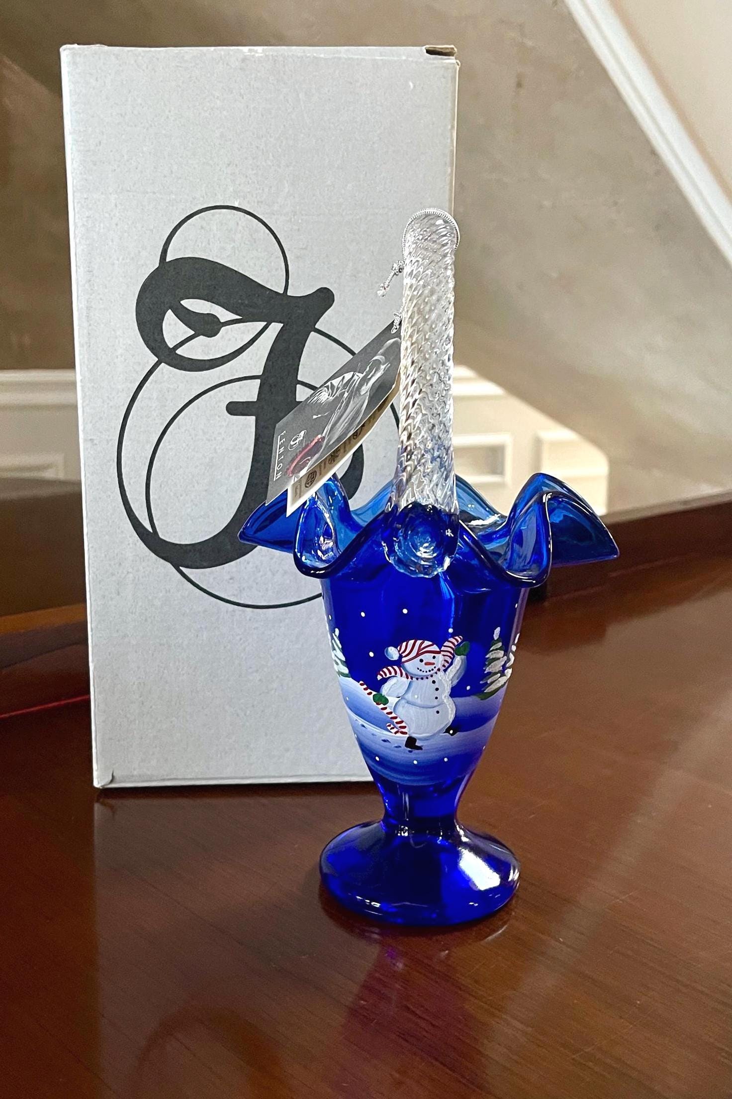 Fenton Glass Footed Hand Painted Jolly Snowman Cobalt Blue Basket