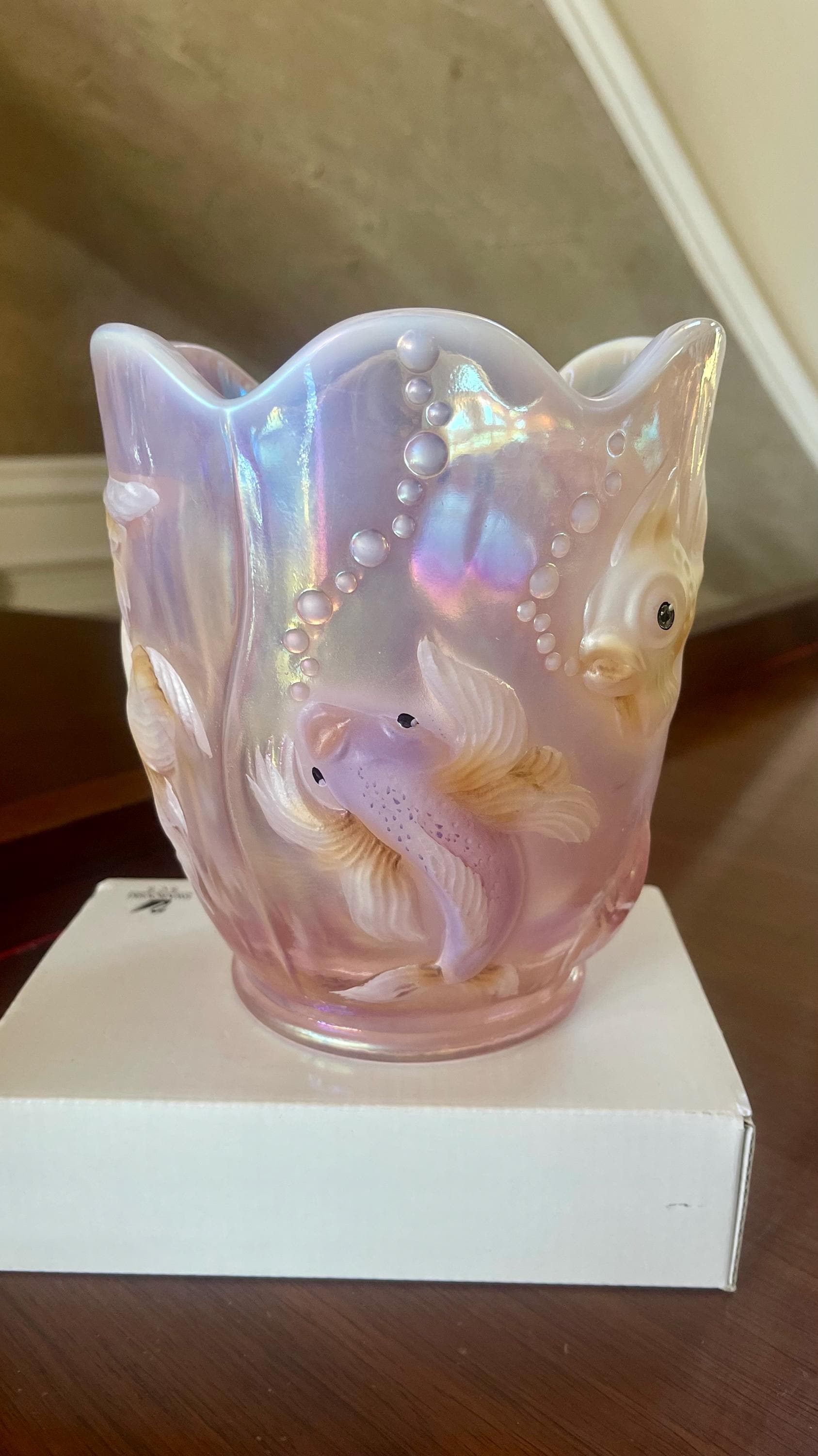 フェントンガラス アトランティス フィッシュ 花瓶 手描き; フェントン