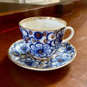 Russian Imperial Lomonosov Porcelain Cobalt Winding Twig Cup and Saucer