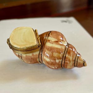 May include: A decorative seashell-shaped trinket box. The box is primarily brown and cream with dark brown stripes. The hinged lid is open, revealing a cream-colored interior. The box is trimmed with gold-colored metal.