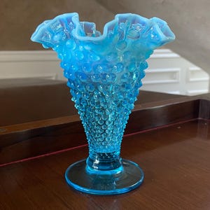 Rare Size Fenton Large Aqua Blue Opalescent 7 1/2” Hobnail Vase; Vintage Hobnail Fenton;