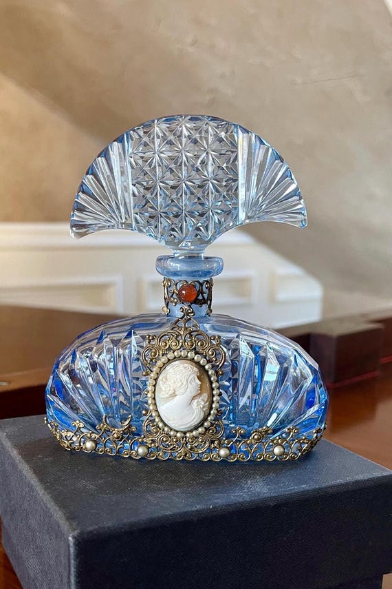 Antique 1930's Czech Jeweled Brass Filigree Cameo Perfume Bottle