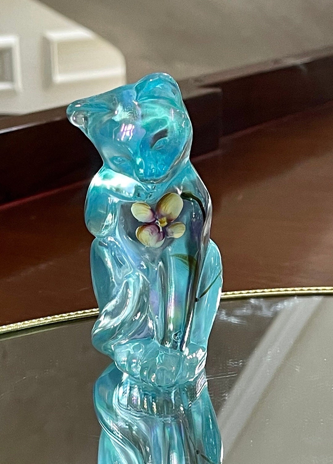 Fenton Turquoise Iridescent Hand Painted Glass Cat Figurine Paperweight