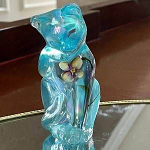 Fenton Turquoise Iridescent Hand Painted Glass Cat Figurine Paperweight; Vintage Fenton Glass Cat
