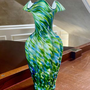 Fenton Glass Vasa Murrhina Adventurine Green Blue 11 1/2” Tall Flower Vase
