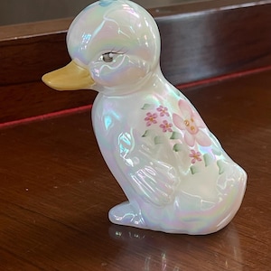 Fenton Glass Hand Painted Glass Duck Figurine Paperweight; Vintage Fenton Glass Duckling