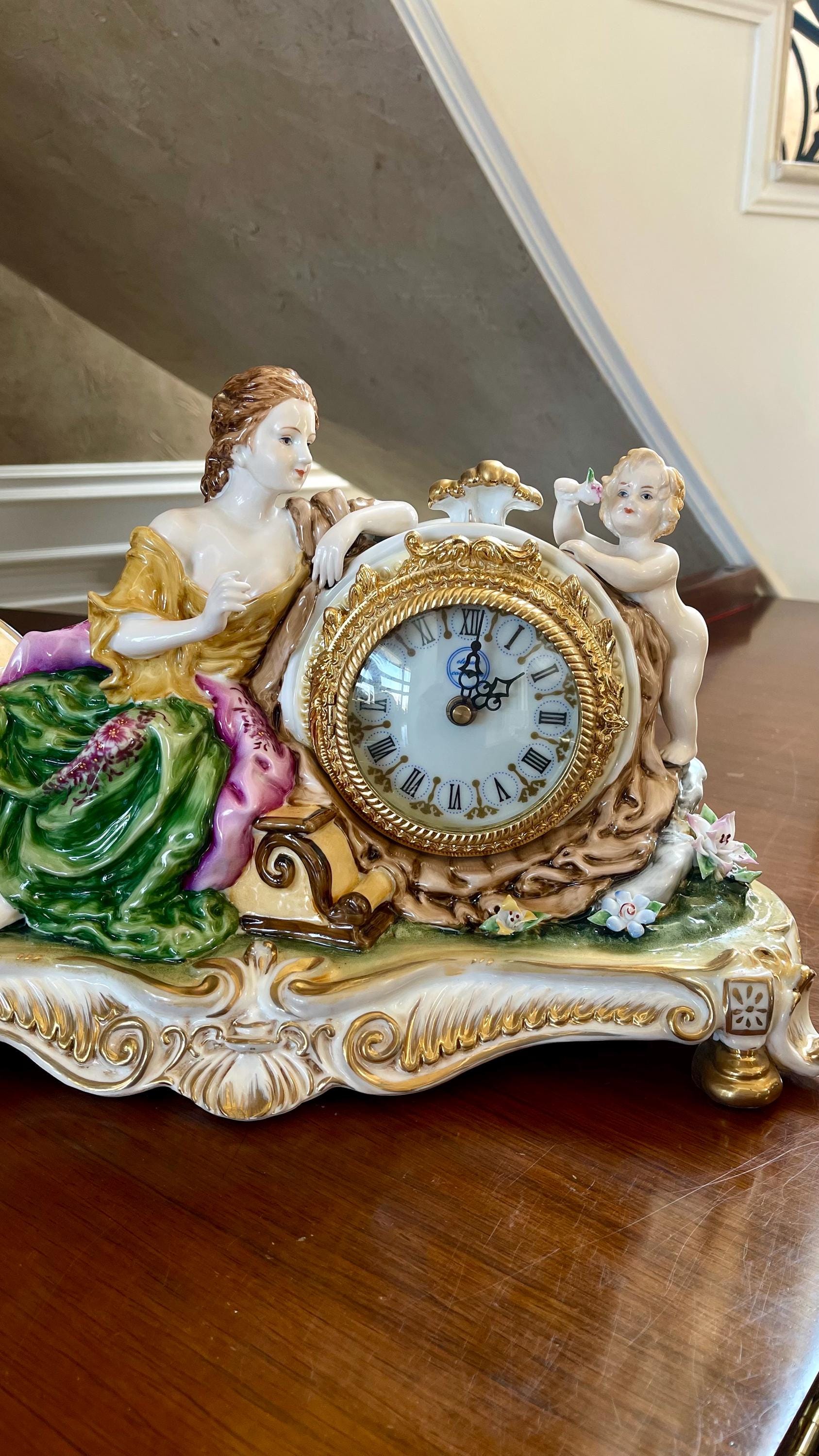 Large Dresden Style Hand Painted Porcelain Figurine Mantle Clock