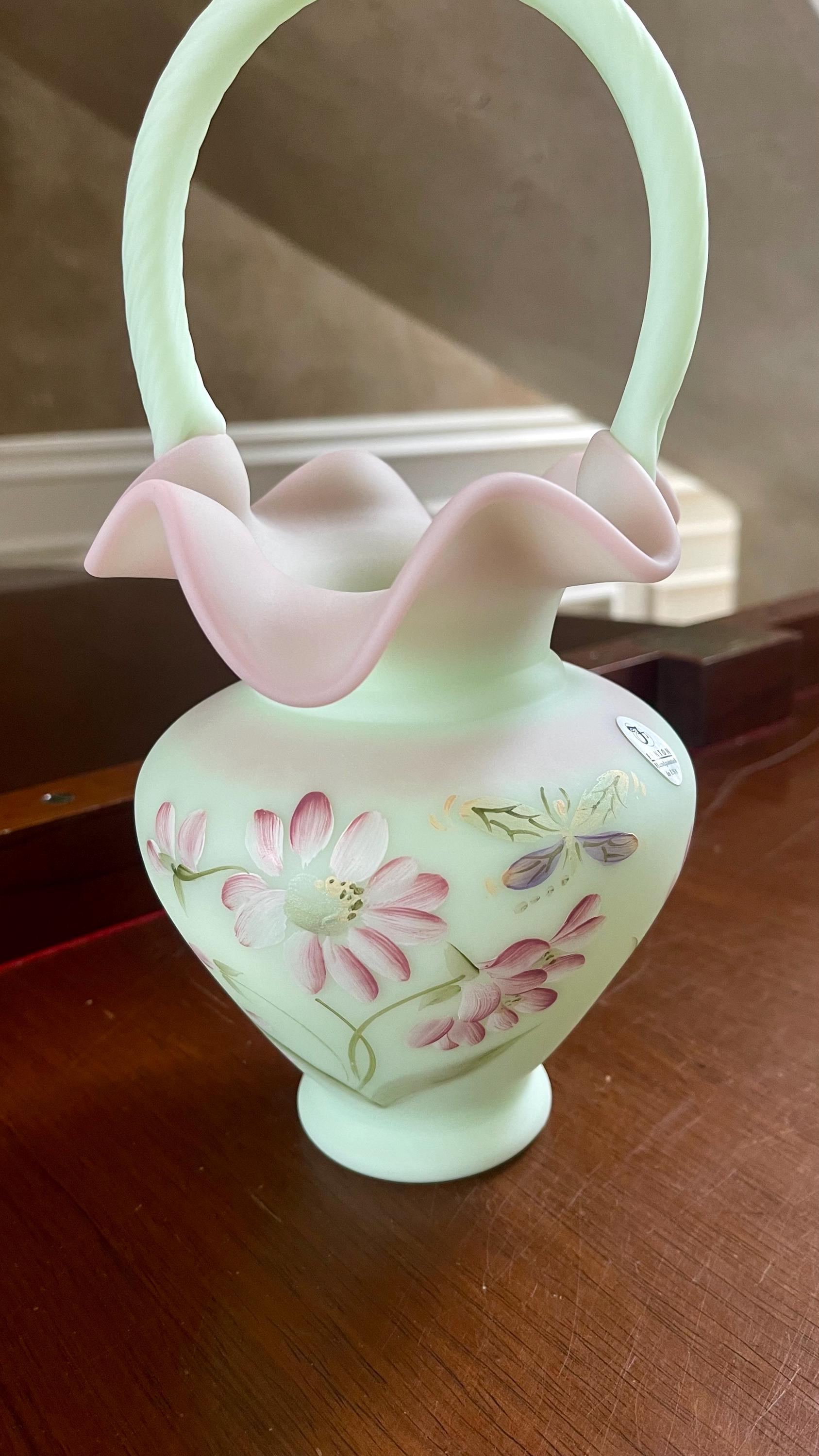 Fenton Lotus Mist Burmese Daisy Butterfly Hand Painted Basket