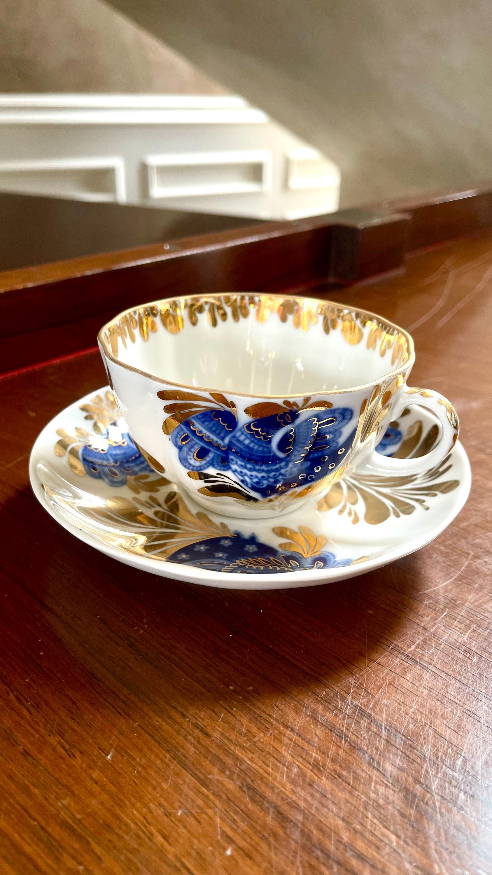 Lomonosov Porcelain Golden Garden Cup and Saucer Set Made in USSR