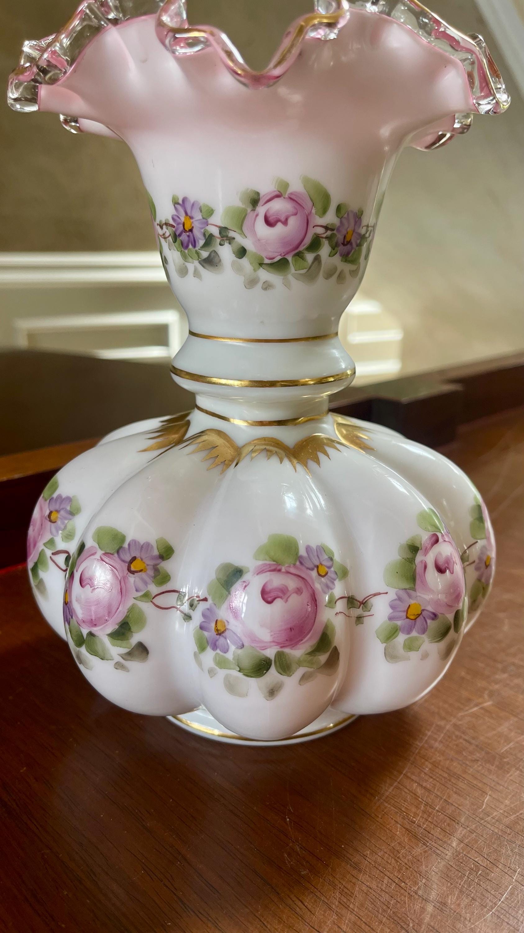 Fenton Hand Painted 1940's Charleton Rose Melon Vase - Etsy