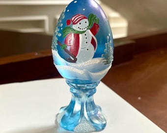 Oeuf de bonhomme de neige peint à la main en verre Fenton irisé 1999 édition limitée 6/2500