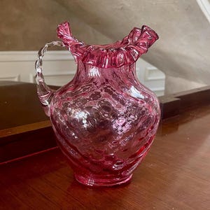 Vintage Fenton Cranberry Thumbprint 9” Glass Water Pitcher Ruffle Edge