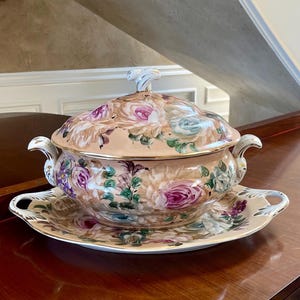 Large Hand Painted Porcelain Covered Tureen With Platter; Victorian Style Porcelain