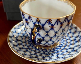 Pair Lomonosov Porcelain Net Blue and White Cup and Saucer Set
