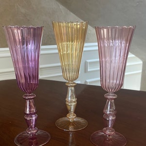 Set of 3 Murano Glass Champagne Flutes; Mid Century Modern Art Glass; Murano Hand Blown Art Glass