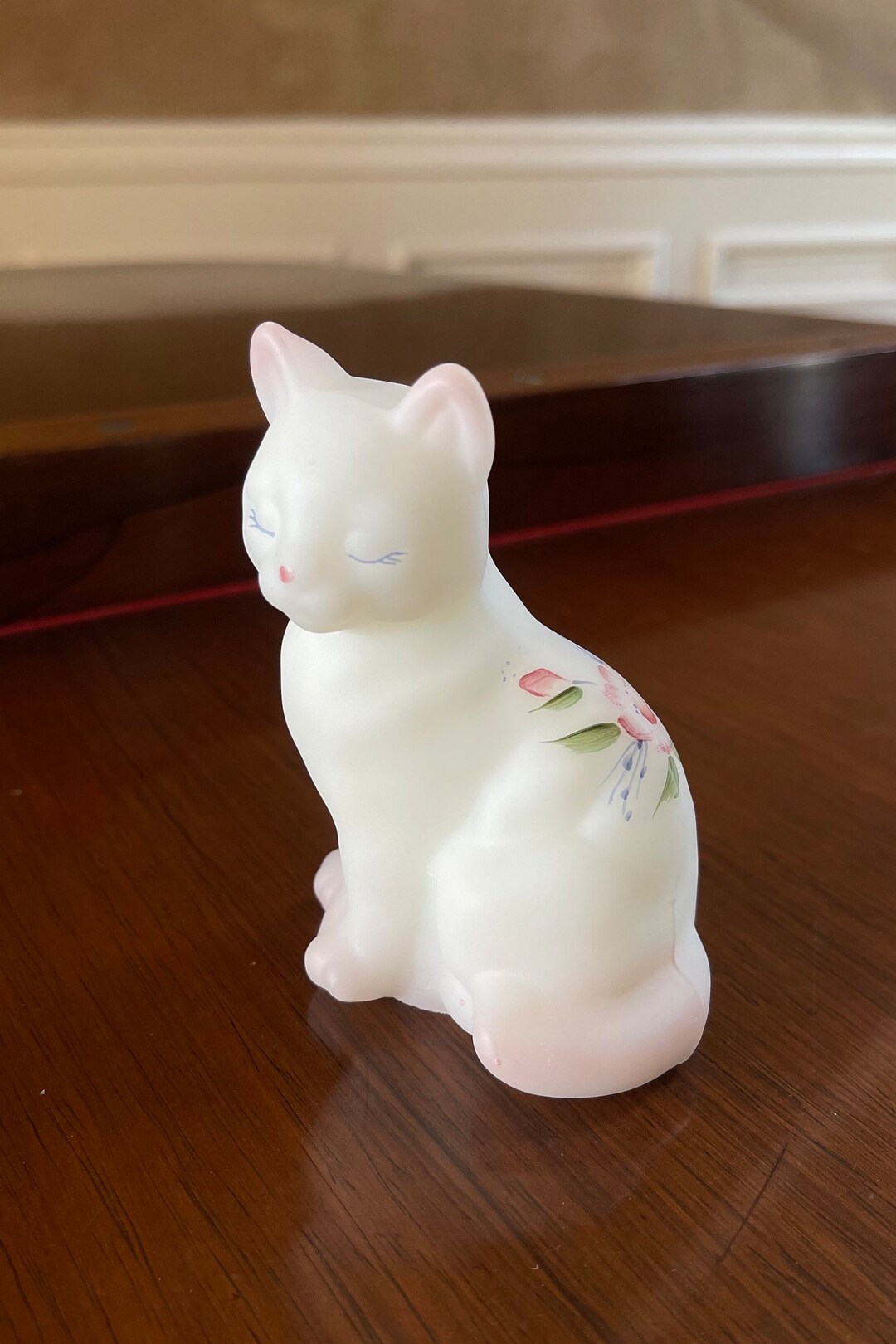 Fenton Satin Glass Hand Painted Cat Figurine Paperweight Etsy UK