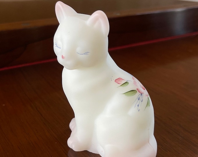 Fenton Satin Glass Hand Painted Cat Figurine Paperweight Vintage Fenton