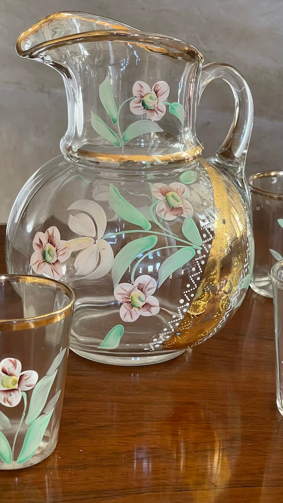 7 Pc. Set Antique Victorian Hand Painted Large Glass Pitcher With