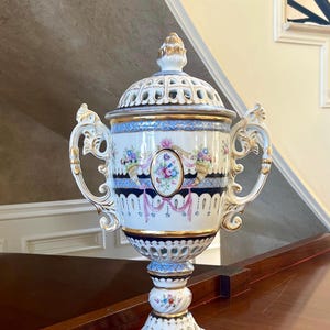 Large Dresden Style Hand Painted Porcelain Urn; Dresden Style Hand Painted Vase