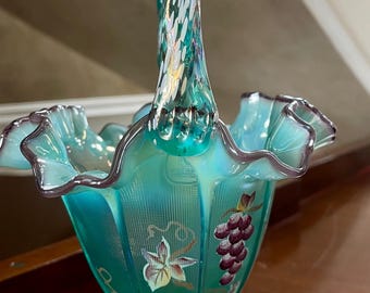 <HKさま専用＞フェントン ブルーイリデセントグラス・プラムクレスト コンポート Fenton Glass Plum Crest 10.5” Hand Painted 1993 Limited