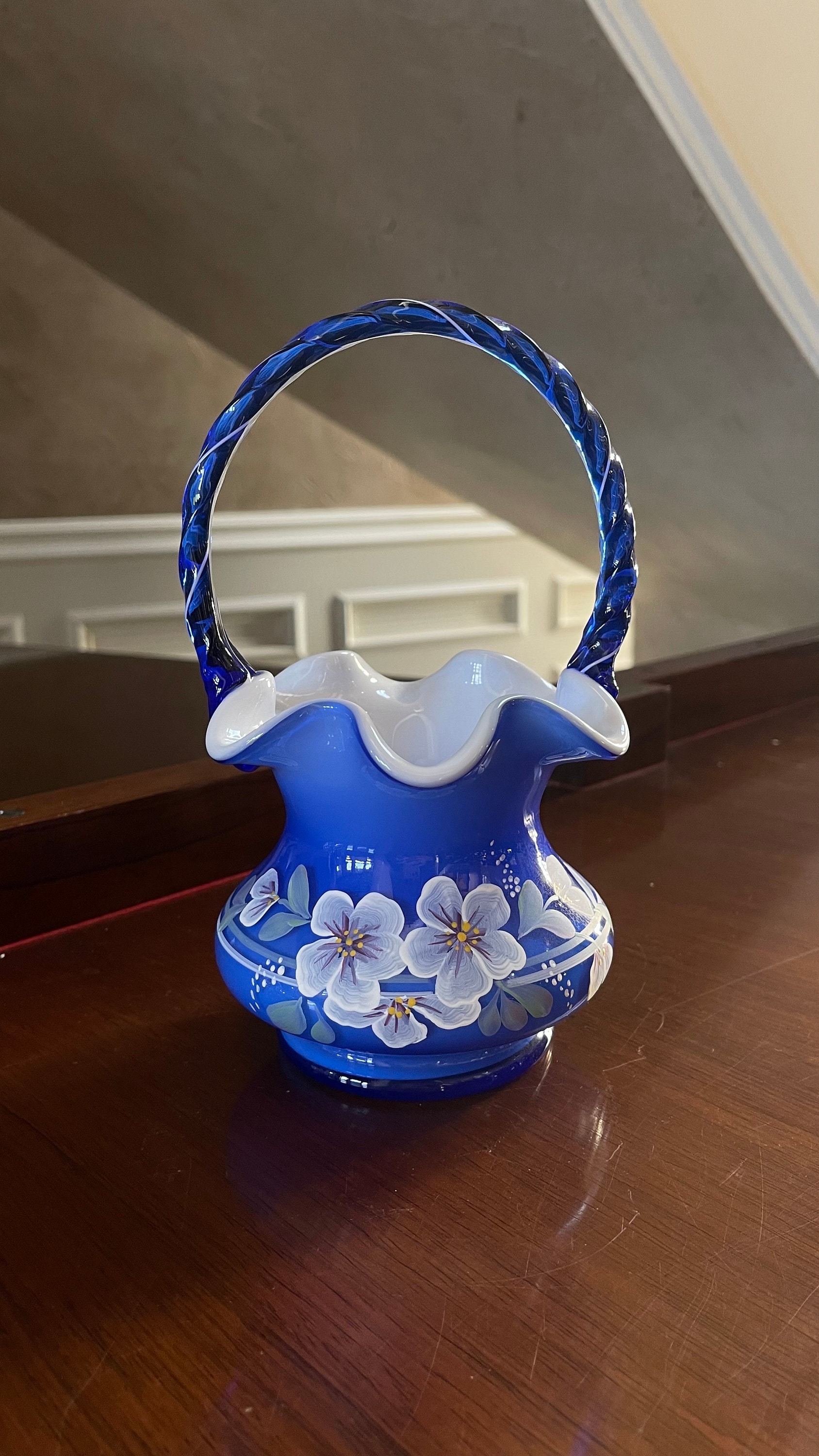 Fenton Blue Cased Glass Hand Painted Basket Legacy Collection 95th
