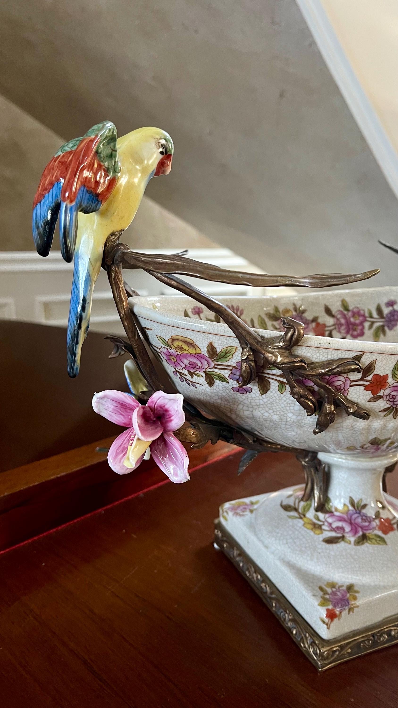 Beautiful Wong Lee Parrots and Bronze Ormolu Porcelain Centerpiece