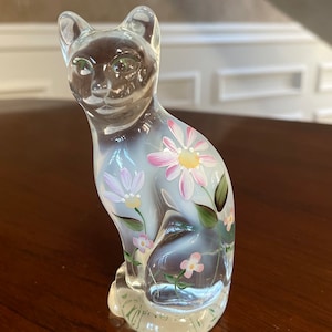 Fenton French Opalescent Glass Tall Hand Painted Cat; Paperweight; Vintage Fenton Glass Kitten